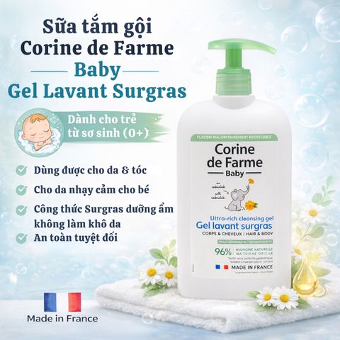 Gel Tắm Gội Cho Bé Corine de Farme Ultra-Rich - Sạch Dịu Nhẹ, Dưỡng Ẩm Da Nhạy Cảm, Thích Hợp Cho Trẻ Sơ Sinh (250ml/500ml)