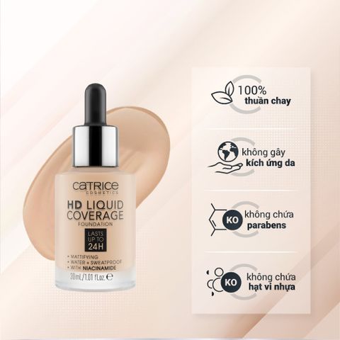 Kem Nền Catrice HD Liquid Coverage Foundation 040 - Che Phủ Hoàn Hảo, Lớp Nền Mỏng Nhẹ, Giữ Màu 24h, Chống Nắng SPF 25 Chính Hãng
