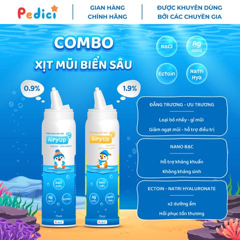 Bộ COMBO Xịt Mũi Biển Sâu AiryUp 0.9% & 1.9% - Vệ Sinh Mũi Họng Hằng Ngày, Hỗ Trợ Kháng Khuẩn & Dưỡng Ẩm Mũi Họng