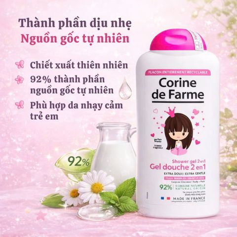 Gel Tắm Gội Corine de Farme Kids 2 in 1 Disney Princess - Sữa Tắm và Dầu Gội Dịu Nhẹ Cho Bé Gái 300ml