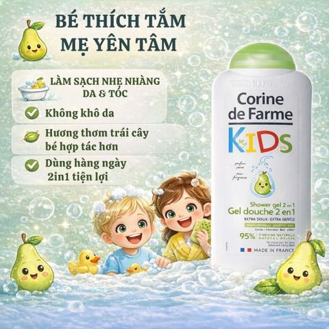 Gel Tắm Gội 2 in 1 Corine de Farme Kids Hương Quả Lê Dịu Nhẹ - Dành Cho Trẻ Em 300ml