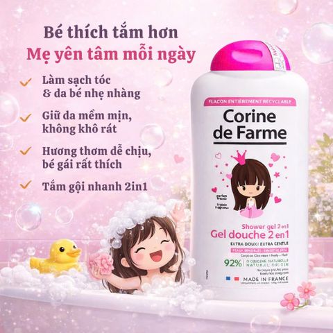 Gel Tắm Gội Corine de Farme Kids 2 in 1 Disney Princess - Sữa Tắm và Dầu Gội Dịu Nhẹ Cho Bé Gái 300ml