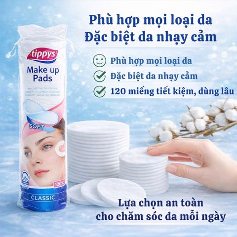 Bông Tẩy Trang Tippys 100% Cotton Châu Âu - Gói 120 Miếng, Mềm Mịn, Cho Da Nhạy Cảm, Đa Năng Tẩy Trang và Thoa Toner