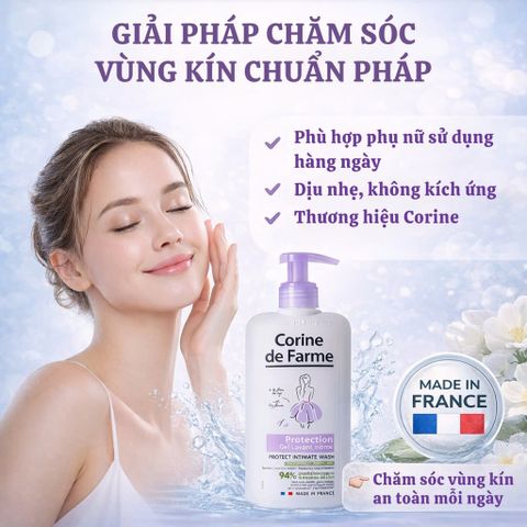 Dung dịch vệ sinh phụ nữ Corine de Farme Protect - Chai 250ml, làm dịu và bảo vệ vùng nhạy cảm, chăm sóc hàng ngày cho mọi loại da