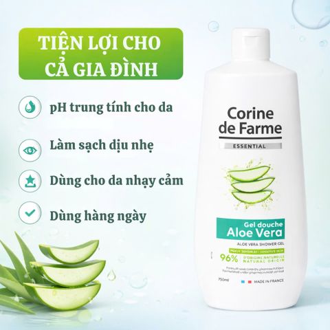 Gel tắm Corine de Farme Essential Aloe Vera 750ml - Chiết xuất lô hội tự nhiên, làm sạch và cấp ẩm cho da, phù hợp cho cả gia đình
