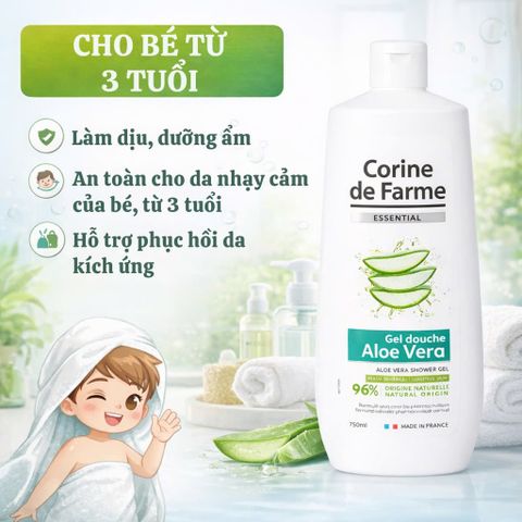 Gel tắm Corine de Farme Essential Aloe Vera 750ml - Chiết xuất lô hội tự nhiên, làm sạch và cấp ẩm cho da, phù hợp cho cả gia đình