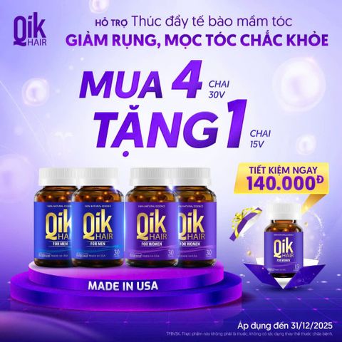 Viên uống QIK HAIR - Giúp Bảo Vệ và Phục Hồi Tóc Hư Tổn - Hỗ trợ chăm sóc tóc hiệu quả, Hộp 30 Viên chính hãng Mỹ