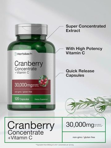 120 Viên uống Horbaach Cranberry Concentrate + Vitamin C 30,000mg - Hỗ trợ sức khỏe đường tiết niệu và tăng cường miễn dịch, Mỹ