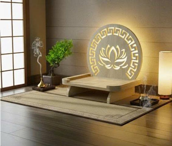 Bàn Thờ Phật Bồ Tát Hào Quang Hoa Sen - Gỗ MDF Chống Ẩm Tích Hợp Đèn LED Ấm 48x28x41cm - Vật Phẩm Phong Thủy Hiện Đại