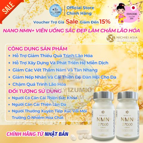 Viên Uống Chống Lão Hóa Da Nichiei NMN+ 27000 Luxury Nhật Bản - Hộp 90 Viên Chính Hãng, Hỗ Trợ Đẹp Da và Ngăn Ngừa Lão Hóa, Freeship & Voucher 15%