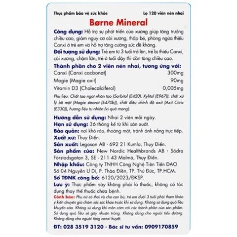 Viên nhai Borne Mineral New Nordic (120 viên) - Hỗ trợ tăng chiều cao và phòng ngừa còi xương cho trẻ em từ 3 tuổi trở lên