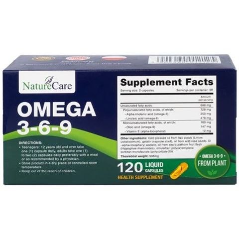 Viên uống Omega 3-6-9 NatureCare - Bổ sung sức khỏe tim mạch, não bộ và mắt - 6 vỉ x 20 viên, giảm nguy cơ xơ vữa động mạch