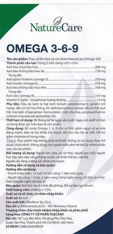 Viên uống Omega 3-6-9 NatureCare - Bổ sung sức khỏe tim mạch, não bộ và mắt - 6 vỉ x 20 viên, giảm nguy cơ xơ vữa động mạch