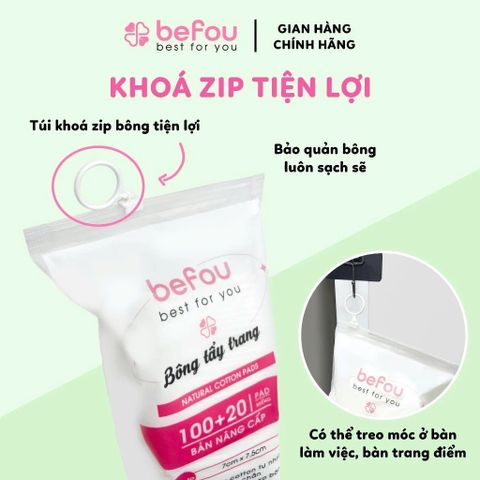 Combo 3 Bịch Bông Tẩy Trang Cotton Befou Vuông Size Lớn 100 Miếng - 120 Miếng, Giữ Sạch Với Khoá Zip, Chất Liệu Tự Nhiên Mềm Mại