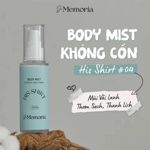 Nước Hoa Dạng Xịt Không Cồn De Memoria 50ml - Body Mist His Shirt 04, Hương Vải Vóc Sạch, Độ Lưu Hương Lên Đến 6 Giờ