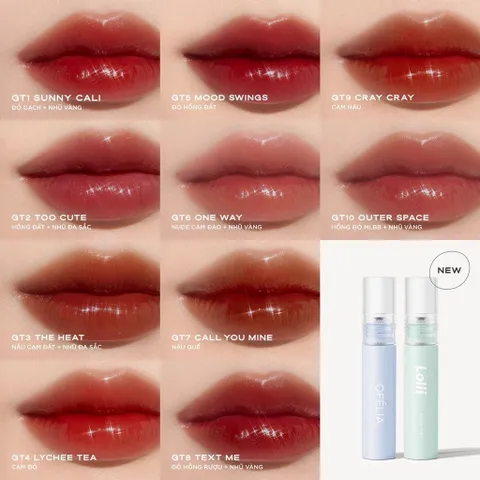 Son Kem Bóng Ofélia Lolli Glow Tint - Son Dưỡng Ẩm Bóng Mướt, Hiệu Ứng Lấp Lánh, Mùi Trà Đào, Nhiều Màu Sắc Cho Môi Quyến Rũ
