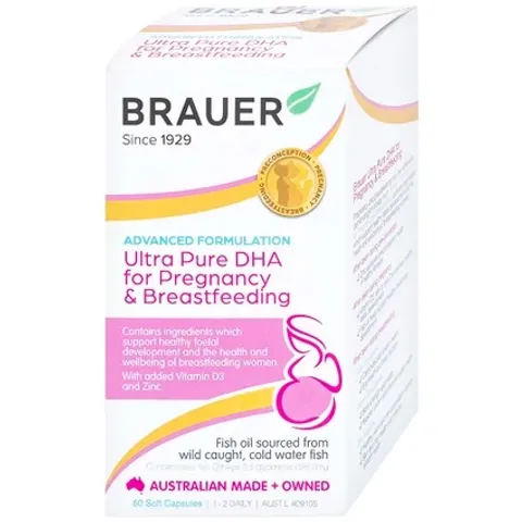 Viên uống hỗ trợ sức khỏe cho phụ nữ mang thai và cho con bú Brauer Ultra Pure DHA 60 viên - Bổ sung Omega-3 và Vitamin D3