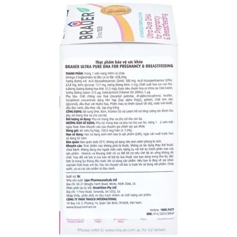 Viên uống hỗ trợ sức khỏe cho phụ nữ mang thai và cho con bú Brauer Ultra Pure DHA 60 viên - Bổ sung Omega-3 và Vitamin D3