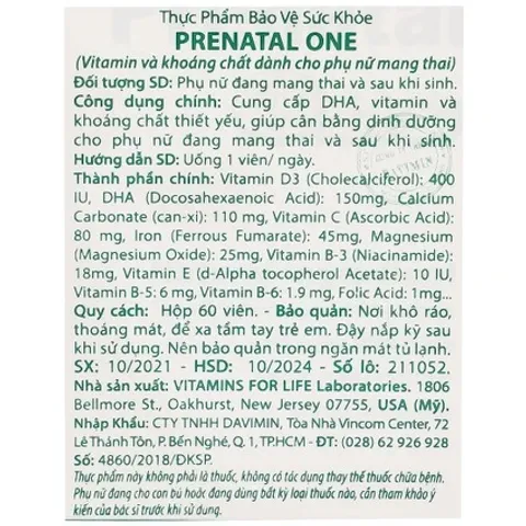 Viên Uống Bổ Sung Vitamin Prenatal One For Life (60 Viên) - Chăm Sóc Sức Khỏe Cho Phụ Nữ Mang Thai Và Sau Sinh