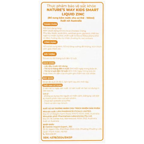 Siro Bổ Sung Kẽm Dạng Lỏng Nature’s Way Kids Smart - Hỗ Trợ Đề Kháng và Cảm Giác Thèm Ăn Cho Trẻ Từ 6 Tháng Tuổi Trở Lên