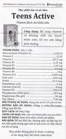 Viên Uống Bổ Sung Vitamin và Khoáng Chất Teens Active - Hỗ Trợ Phát Triển Toàn Diện cho Thanh Thiếu Niên (60 Viên)