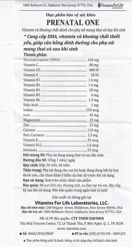 Viên uống Prenatal One - DHA, Vitamin và Khoáng Chất Bổ Sung cho Phụ Nữ Mang Thai và Sau Sinh (30 Viên)