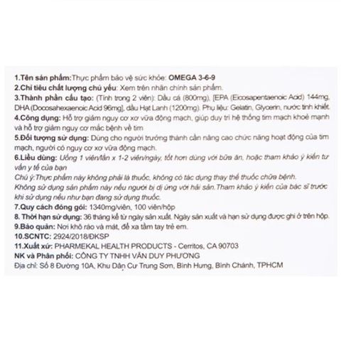 Viên uống Omega 3-6-9 Pharmekal - Hỗ trợ sức khỏe tim mạch, giảm nguy cơ xơ vữa động mạch, 100 viên nang mềm tự nhiên