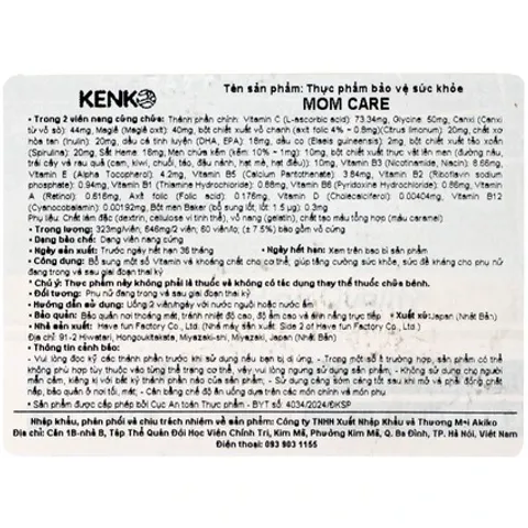 Viên Uống Bổ Sung Vitamin và Khoáng Chất Mom Care Kenko cho Phụ Nữ Mang Thai và Sau Sinh - Hỗ Trợ Sức Khỏe Mẹ và Thai Nhi (60 viên)