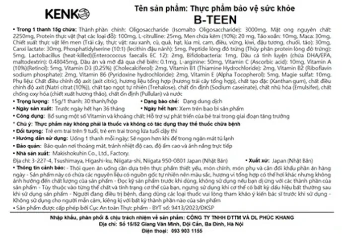 Siro B-TEEN Kenko - Bổ sung vitamin và khoáng chất cho bé trai đang phát triển, 30 gói x 15g, hương vị thơm ngon, dễ uống