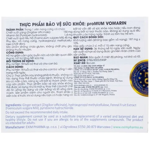 Viên uống proMUM Vomarin giảm buồn nôn cho phụ nữ mang thai và hỗ trợ tăng tiết sữa mẹ - Bổ sung dinh dưỡng cho mẹ bầu và bé yêu