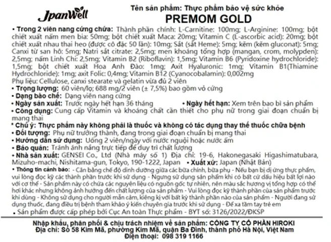 Viên uống Premom Gold Jpanwell cho phụ nữ chuẩn bị mang thai - Cung cấp vitamin và khoáng chất thiết yếu, 60 viên