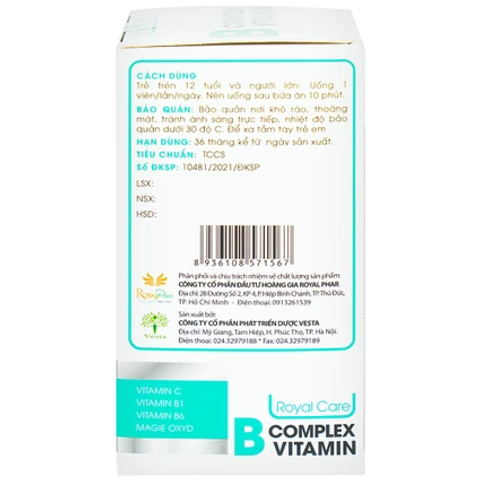 Viên uống B Complex Vitamin Royal Care 60 viên - Giảm mệt mỏi, căng thẳng, bổ sung Magie và vitamin nhóm B, hỗ trợ sức khỏe tinh thần