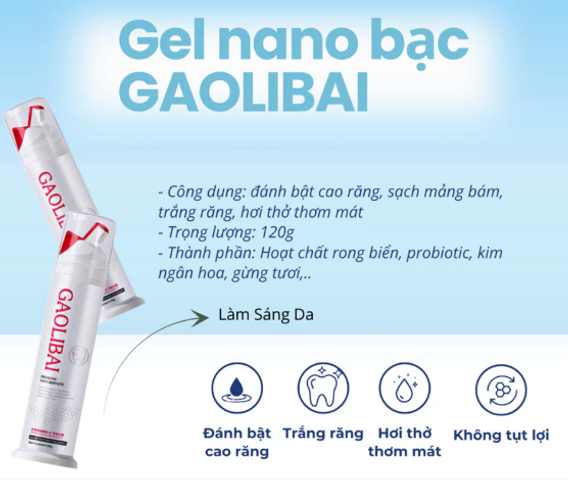 Gel Nano Bạc GAOLIBAI - Kem Đánh Răng Loại Bỏ Mảng Bám & Cao Răng, Trắng Răng, Hơi Thở Thơm Mát, Nhập Khẩu Nhật Bản 120g
