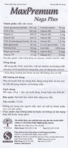 Viên uống bổ sung sắt, DHA, acid folic MaxPremum Naga Plus Vesta cho phụ nữ mang thai & cho con bú - 30 viên hỗ trợ sức khỏe mẹ & bé