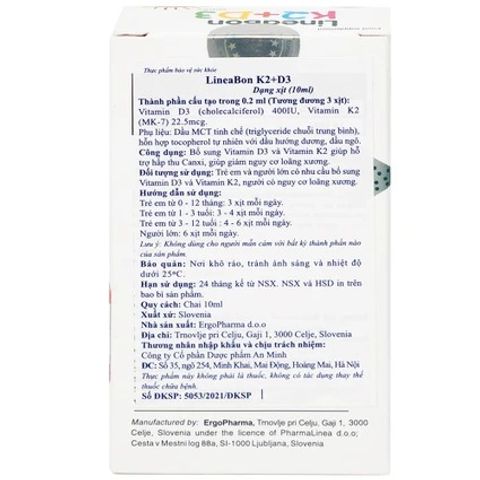 Chai Xịt Hỗ Trợ Hấp Thụ Canxi LineaBon K2+D3 Ergopharma 10ml - Vitamin D3 K2 Cho Trẻ Em và Người Lớn, Tăng Cường Sức Khỏe Xương Khớp