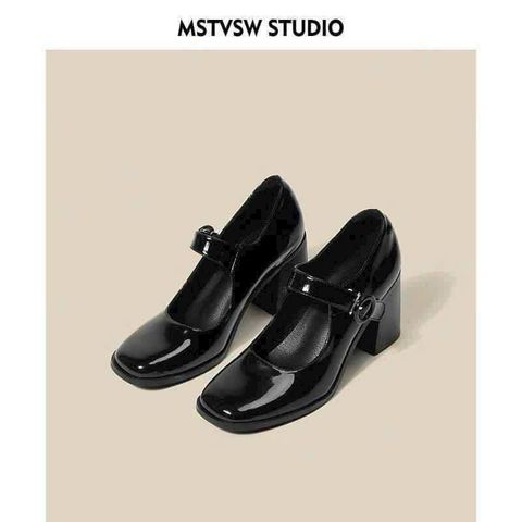 Giày Cao Gót Wego Giafy Lolita 7cm - Da Tổng Hợp Đen Bóng Cho Trang Phục Công Sở & Đầm Vintage
