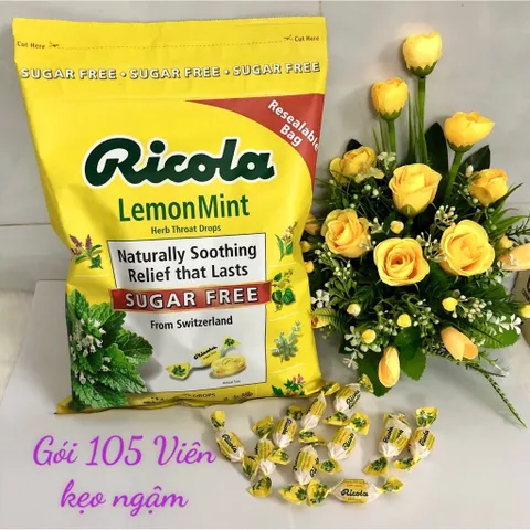 Kẹo Ngậm Ricola Lemon Mint Không Đường 105 Viên - Giảm Ho, Ngứa Cổ, Thảo Dược Tự Nhiên Từ Thụy Sĩ