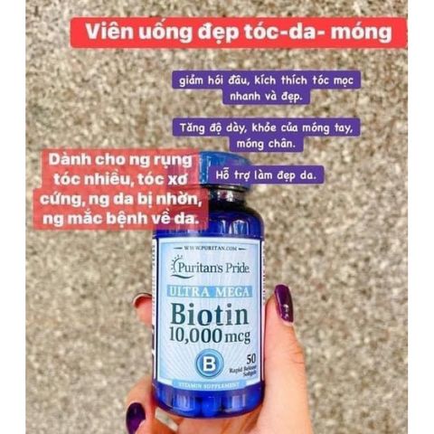 Viên uống Biotin Puritan's Pride Ultra Mega 10000 mcg 100 viên - Hỗ trợ mọc tóc, giảm rụng tóc, làm đẹp da từ Mỹ