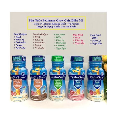 Thùng 24 chai Sữa Nước Pediasure Mỹ Optigro Vani Dâu Socola DHA Chất Xơ Fiber Lutein 237mL
