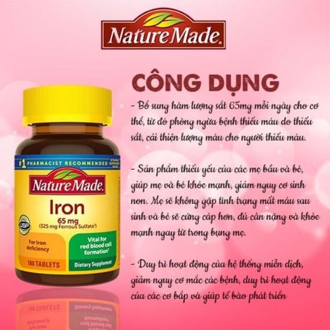 Viên uống bổ sung Sắt Nature Made 65mg - Hỗ trợ phòng ngừa thiếu máu và tăng cường sức đề kháng - Chai 365 viên Mỹ