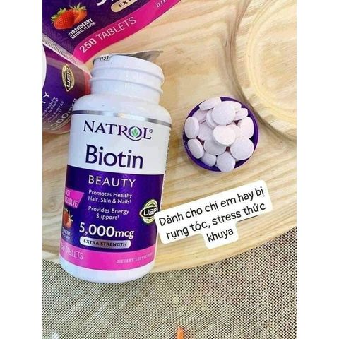 Viên Uống Mọc Tóc Natrol Biotin 5000mcg 250 viên Làm Đẹp Da, Chắc Móng Hàng Mỹ