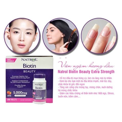 Viên Uống Mọc Tóc Natrol Biotin 5000mcg 250 viên Làm Đẹp Da, Chắc Móng Hàng Mỹ