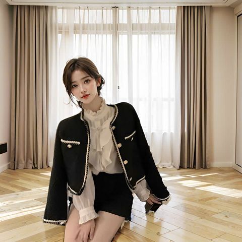 Áo Khoác Dạ Tweed Nữ Đen Size L - Thiết Kế Thời Trang Mùa Đông Phối Trắng, Dành Cho Phong Cách Hàng Ngày