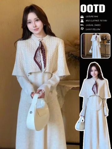 Set Áo Len Nữ Wego 3 Chi Tiết - Áo Choàng, Áo và Chân Váy - Chất Liệu Mềm Mịn, Dành Cho Mùa Thu Đông, Màu Kem, Size S