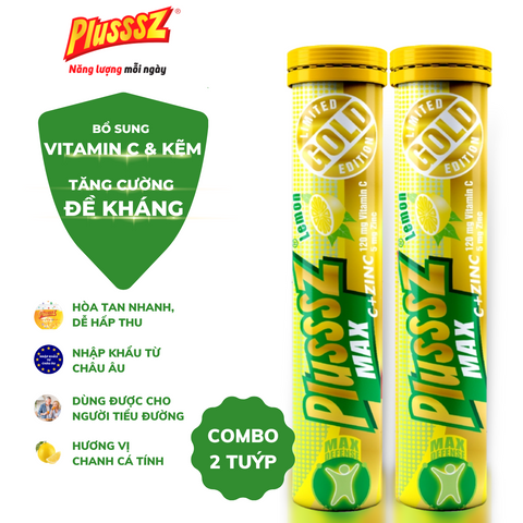 Viên Sủi PLUSSSZ MAX Vitamin C & Zinc Vị Chanh - Tăng Cường Sức Đề Kháng, Hỗ Trợ Miễn Dịch, Dạng 20 Viên x 2 Tuýp
