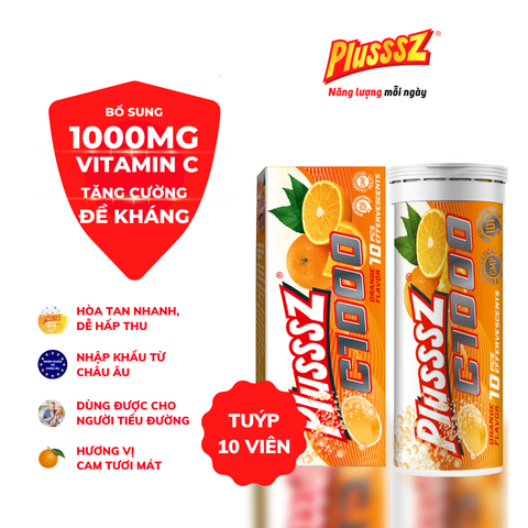 Viên Sủi Vitamin C Plusssz 1000mg Vị Cam Không Đường - Hỗ Trợ Sức Khỏe Hàng Ngày, 10 Viên Trong Tuýp Nhập Khẩu 4g
