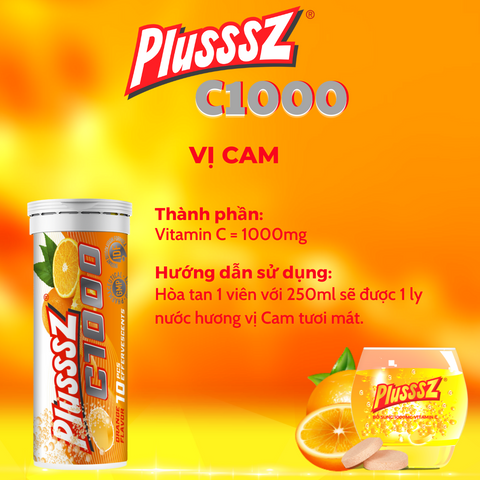 Viên Sủi Vitamin C Plusssz 1000mg Vị Cam Không Đường - Hỗ Trợ Sức Khỏe Hàng Ngày, 10 Viên Trong Tuýp Nhập Khẩu 4g