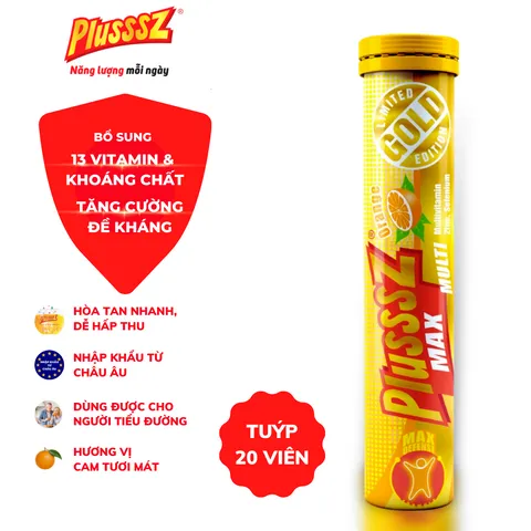 Viên sủi Plusssz Max Multivitamin vị cam không đường - Tăng sức đề kháng, phù hợp cho mọi lứa tuổi từ 9 tuổi trở lên, hàng nhập khẩu Châu Âu