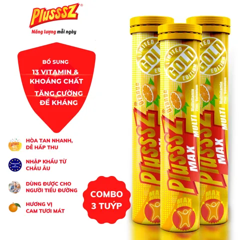 Viên sủi Plusssz Max Multivitamin vị cam không đường - Tăng sức đề kháng, hỗ trợ sức khỏe cho mọi lứa tuổi, hàng nhập khẩu từ Châu Âu