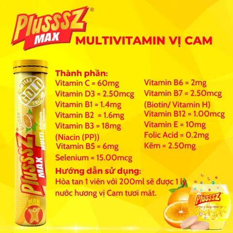 Viên sủi Plusssz Max Multivitamin vị cam không đường - Tăng sức đề kháng, hỗ trợ sức khỏe cho mọi lứa tuổi, hàng nhập khẩu từ Châu Âu